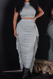 Half A Turtleneck Sleeveless Hollow Out Lace Up Ruched Tank Crop Tops And Fringe Trim Maxi Skirt Vacation Two Pieces Dress Sets