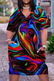 Rainbow Stripe Print V Neck Short Sleeve Pockets Plus Size Striaght Loose T-shirt Midi Dresses