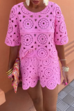 Flower Knitted O Neck Short Sleeve Blouse And Shorts Hollow Out Vacation Two Pieces Shorts Sets