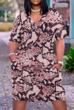Casual Animal Print Pocket V Neck Short Sleeve Pockets Plus Size Loose T Shirt Midi Dresses