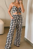 Graphic Print Sleeveless Spaghetti Strap Hollow Out Crop Top and Wide Leg Pant Vacation Bra Pant Set