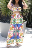 Tropical Print Backless Square Neck Sleeveless Ruffle Trim Bra and Mini Shorts Bikini Sets Beach Cover Up Pants Vacation Three Piece Swimsuit Set