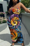 Sleeveless Casual Graphics Print Backless Spaghetti Strap Long Bodycon Maxi Slip Dress