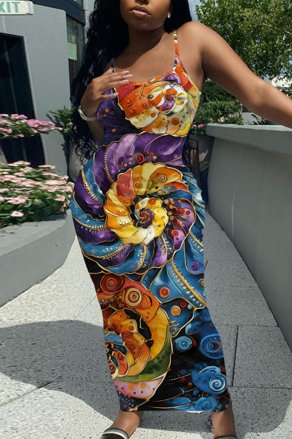 Sleeveless Casual Graphics Print Backless Spaghetti Strap Long Bodycon Maxi Slip Dress