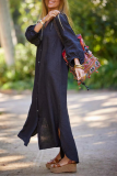 Casual Buckle V Neck Long Sleeve Ankle Length Loose Vacation A Line Linen Shirt Dress