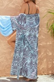 Casual Zebra Print Hubble Bubble Sleeve Belt Boho Longline Cardigan Cover Up Vacation Beach Swimwears