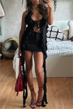 Flower Decor Sleeveless Backless Irregular Ruffle Trim Cut Out Lace Up Mesh Belted Vacation Halter Tops