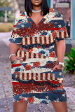 Casual Graphics Print Basic V Neck Short Sleeve Loose Pockets Midi T-Shirt Dress