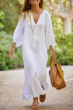 Casual Buckle V Neck Long Sleeve Ankle Length Loose Vacation A Line Linen Shirt Dress