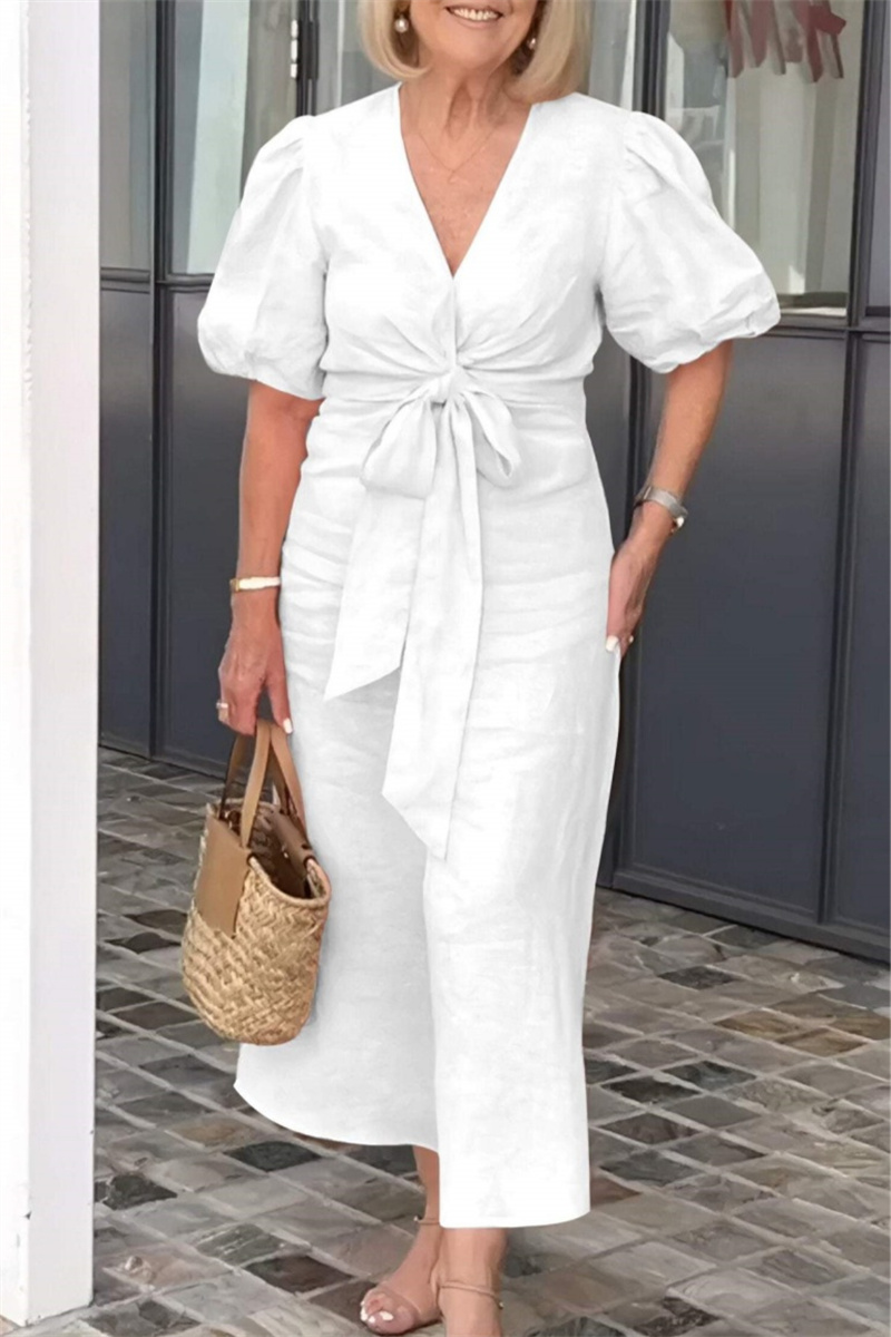 Wholesale V Neck Hubble-Bubble Sleeve Vacation Belted Linen A Line Midi ...