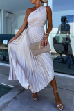 Formal Oblique Collar Sleeveless Irregular Hem Cinch Waist Party Evening Pleated Fishtail Midi Dresses