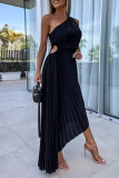 Formal Oblique Collar Sleeveless Irregular Hem Cinch Waist Party Evening Pleated Fishtail Midi Dresses