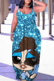 Sexy Graphics Print Backless Spaghetti Strap Floor Length Vacation Baggy Sundress Slip Maxi Dress