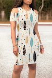 Casual Leaf Print O Neck Short Sleeve Cold Shoulder Vacation Bodycon Mini Dresses