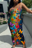 Sleeveless Casual Graphics Print Backless Spaghetti Strap Long Bodycon Maxi Slip Dress