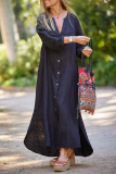 Casual Buckle V Neck Long Sleeve Ankle Length Loose Vacation A Line Linen Shirt Dress