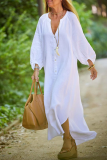 Casual Buckle V Neck Long Sleeve Ankle Length Loose Vacation A Line Linen Shirt Dress