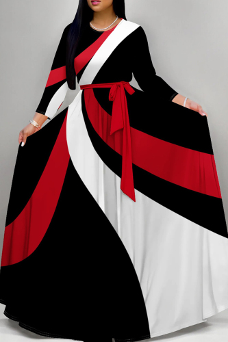 Stripe Print O Neck Nine Points Sleeve Strap Design Belt Vacation A Line Maxi Swing Dresse