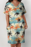 Tropical Print V Neck Short Sleeve Pockets Plus Size Striaght Loose T-shirt Midi Dresses