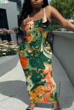 Sleeveless Casual Graphics Print Backless Spaghetti Strap Long Bodycon Maxi Slip Dress