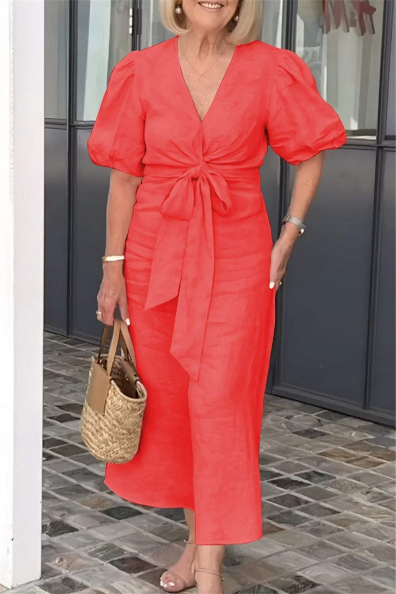 Wholesale V Neck Hubble-Bubble Sleeve Vacation Belted Linen A Line Midi ...