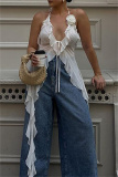 Flower Decor Sleeveless Backless Irregular Ruffle Trim Cut Out Lace Up Mesh Belted Vacation Halter Tops