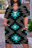 Casual Geometric Print Pocket V Neck Shorts Sleeves Plus Size Straight Baggy T Shirt Midi Dress