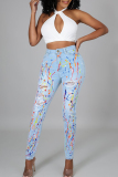 Street Ink Splash Print Pocket Buttons Zipper High Waist Distressed Skinny Ripped Denim Jeans