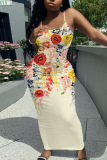 Sleeveless Casual Graphics Print Backless Spaghetti Strap Long Bodycon Maxi Slip Dress