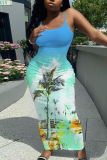 Sleeveless Casual Graphics Print Backless Spaghetti Strap Long Bodycon Maxi Slip Dress