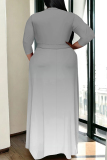 Gradient Print V Neck 3/4 Sleeve Lace Up With Belt Vacation Plus Size Pleated Maxi Dresses