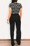 Casual Geometric Print O Neck Short Sleeve Pocket Crop T-Shirt And Straight Leg Pants Two Pieces Tourser Sets