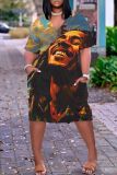 Causal Figure Print Basic V Neck Short Sleeve Loose Pockets Midi T-Shirt Dress