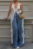 Flower Decor Sleeveless Backless Irregular Ruffle Trim Cut Out Lace Up Mesh Belted Vacation Halter Tops