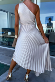 Formal Oblique Collar Sleeveless Irregular Hem Cinch Waist Party Evening Pleated Fishtail Midi Dresses