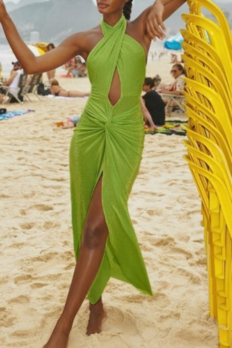 Sleeveless Backless Halter Crossover Front Knotted Front Slit Vacation Formal Party Evening Maxi Dress