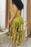 Sexy Sleeveless Backless Fringed Ruffle Irregular Hem Vacation Party Halter Mini Dresses