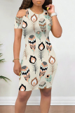Casual Leaf Print O Neck Short Sleeve Cold Shoulder Vacation Bodycon Mini Dresses