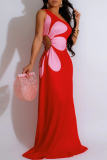 Sleeveless Floral Print Backless Ruched Strap Design Oblique Collar Floor Length Formal Party Evening Long Maxi Dresses