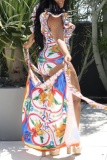 Tropical Print Backless Ruffle Trim One Piece Swimsuit Cover Up Side Slit Midi Skirt Beach Vacation Swimwears