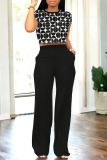 Casual Geometric Print O Neck Short Sleeve Pocket Crop T-Shirt And Straight Leg Pants Two Pieces Tourser Sets
