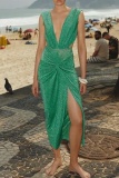 Sequins Sleeveless Backless Front Knotted Front Slit Vacation Formal Party Evening Maxi Dress