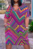 Casual Geometric Print Pocket V Neck Shorts Sleeves Plus Size Straight Baggy T Shirt Midi Dress