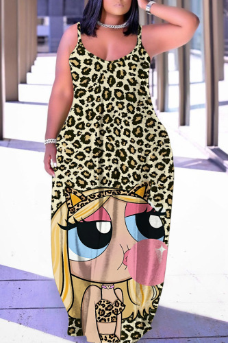 Sexy Graphics Print Backless Spaghetti Strap Floor Length Vacation Baggy Sundress Slip Maxi Dress