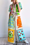 Boho Geometric Print Turndown Collar Short Sleeve Lace Up Ankle Length Loose Vacation A Line Shirt Dress