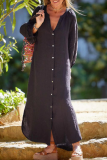 Casual Buckle V Neck Long Sleeve Ankle Length Loose Vacation A Line Linen Shirt Dress