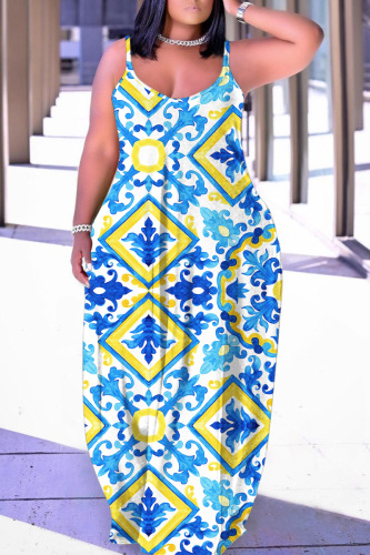 Sexy Graphics Print Backless Spaghetti Strap Floor Length Vacation Baggy Sundress Slip Maxi Dress