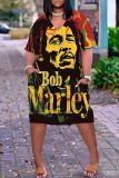 Causal Figure Print Basic V Neck Short Sleeve Loose Pockets Midi T-Shirt Dress