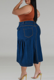 Pocket Buttons Ruched Zipper Straight Plus Size Pleated Denim Midi Skirt