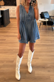 Casual V Neck Sleeveless Loose Pocket Lace Up Vacation Pleated Loose Denim Jumpsuits